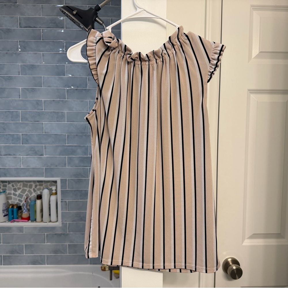 Adrianna Papell Beige and Black Striped Ruffle Blouse